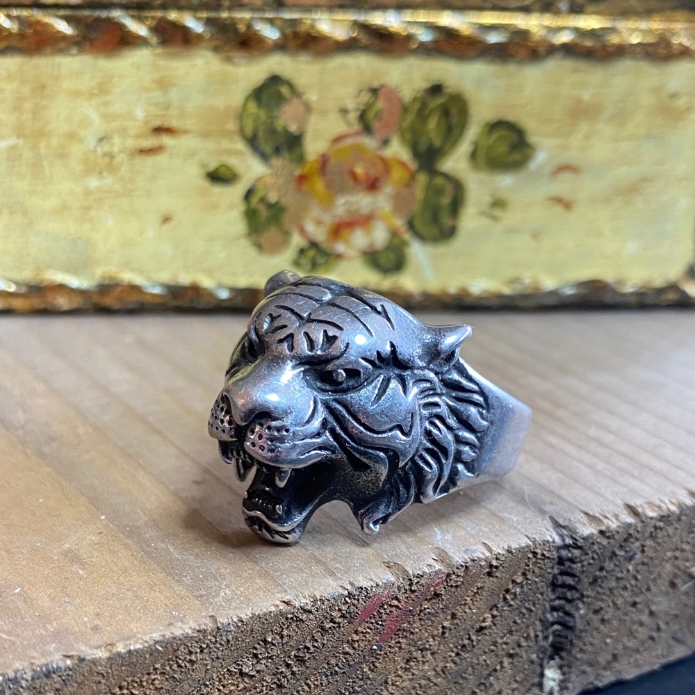 Gothic Silver Tiger Head Ring Size 12 - Picture 5 of 7